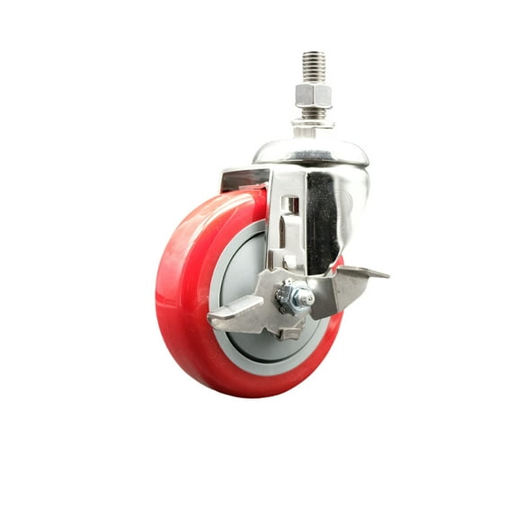 4 Inch 316SS Red Polyurethane Swivel ½ Inch Threaded Stem Caster with Brake