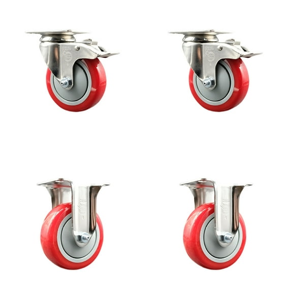 4 Inch 316SS Red Polyurethane Swivel Top Plate Caster Set 2 Lock Brake 2 Rigid