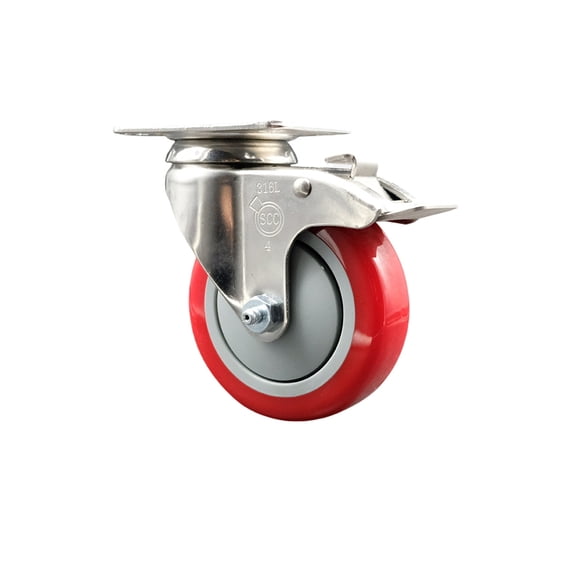 4 Inch 316SS Red Polyurethane Swivel Top Plate Caster with Total Lock Brake