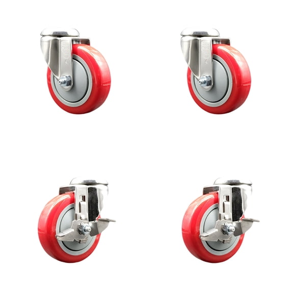 4 Inch 316SS Red Polyurethane Wheel Swivel Bolt Hole Caster Set 2 Brakes SCC