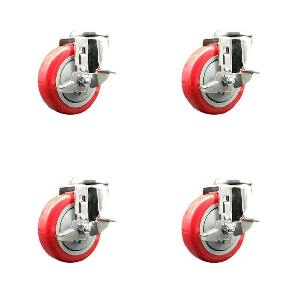 4 Inch 316SS Red Polyurethane Wheel Swivel Bolt Hole Caster Set with Brake SCC
