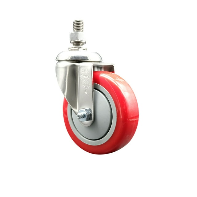 4 Inch 316SS Red Polyurethane Wheel Swivel ½ Inch Threaded Stem Caster ...
