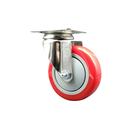 4 Inch 316SS Red Polyurethane Wheel Swivel Top Plate Caster Service Caster