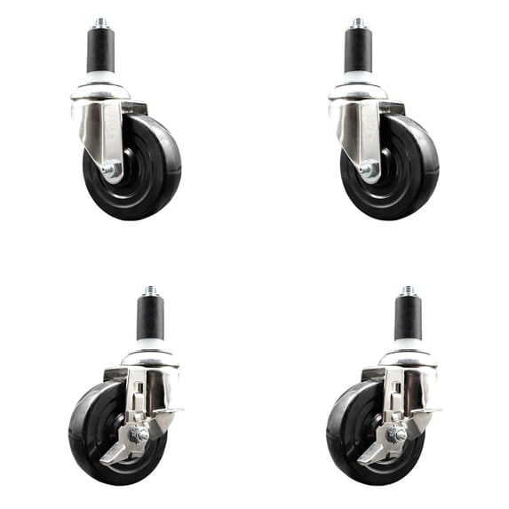 4 Inch 316SS Soft Rubber Swivel 1-1/4 Inch Expanding Stem Caster Set 2 Brake SCC