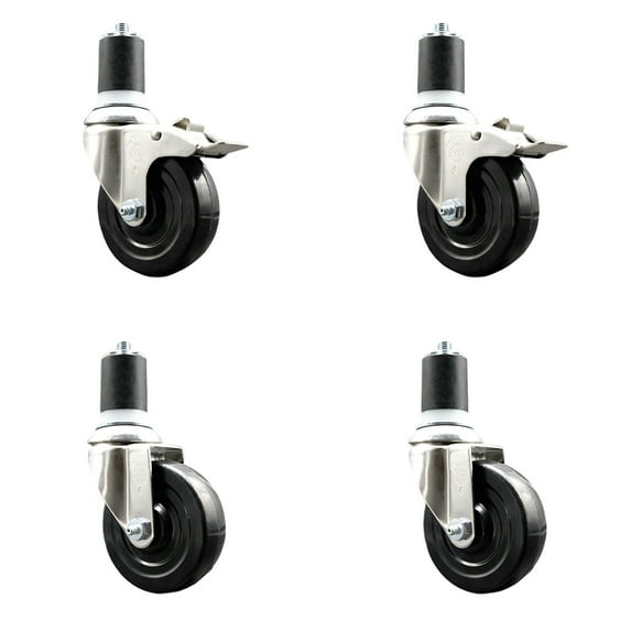 4 Inch 316SS Soft Rubber Swivel 1-3/4 Inch Stem Caster Set 2 Lock Brake SCC