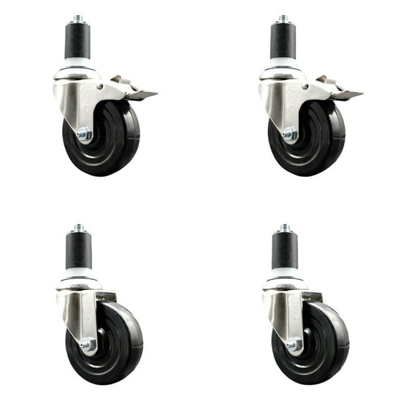 4 Inch 316SS Soft Rubber Swivel 1-5/8 Inch Stem Caster Set 2 Lock Brake SCC