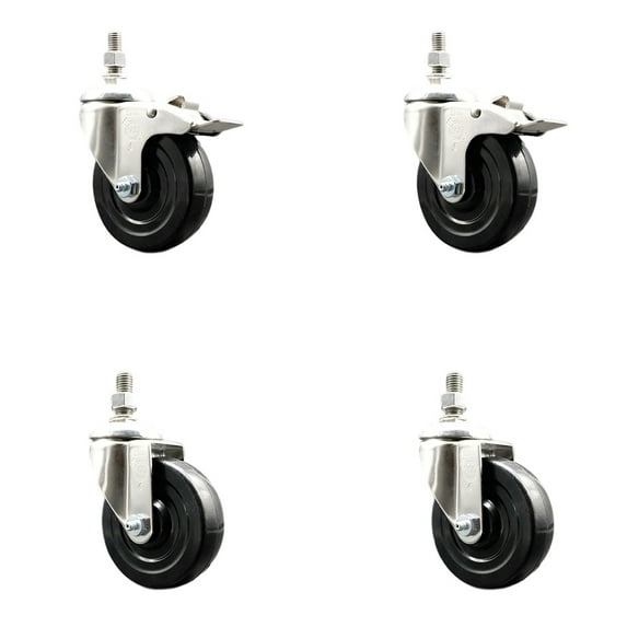 4 Inch 316SS Soft Rubber Swivel 10mm Threaded Stem Caster Set 2 Lock Brake