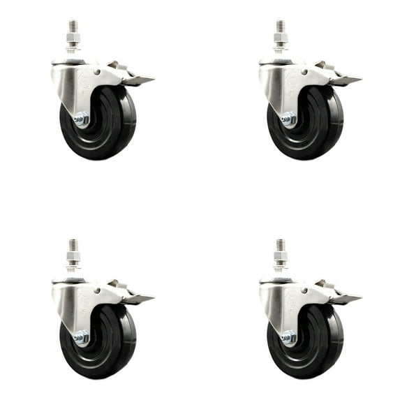 4 Inch 316SS Soft Rubber Swivel 12mm Threaded Stem Caster Set Lock Brake SCC