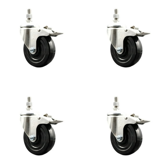 4 Inch 316SS Soft Rubber Swivel 3/8 Inch Threaded Stem Caster Set Lock Brake SCC