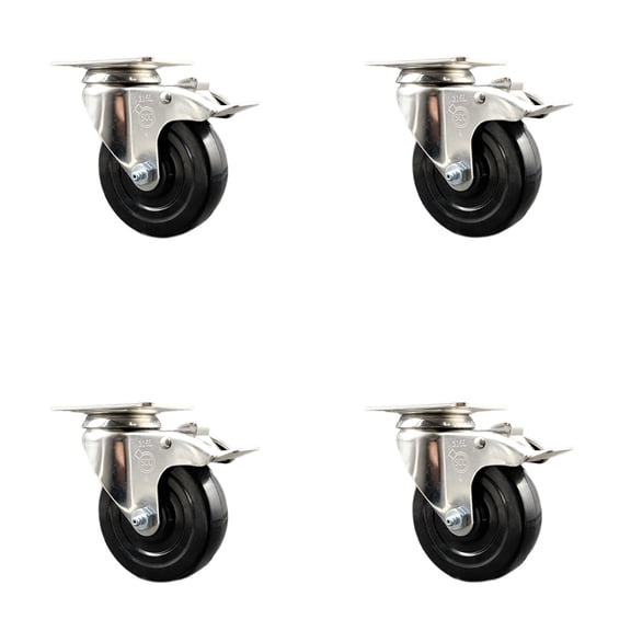 4 Inch 316SS Soft Rubber Swivel Top Plate Caster Set Total Lock Brake SCC