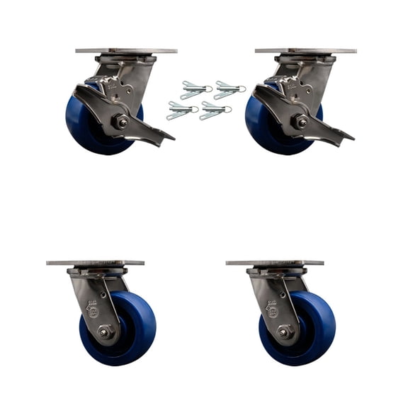 4 Inch 316SS Solid Poly Caster Set with Delrin Bearings 4 Swivel Locks 2 Brakes