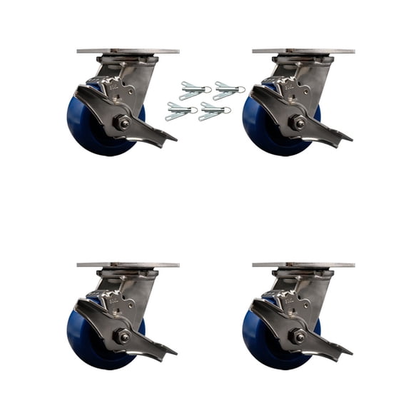4 Inch 316SS Solid Poly Caster Set with Delrin Bearings and Brakes/Swivel Locks