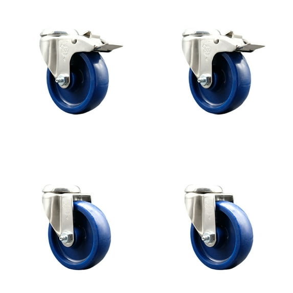 4 Inch 316SS Solid Polyurethane Swivel Bolt Hole Caster Set with 2 Lock Brake