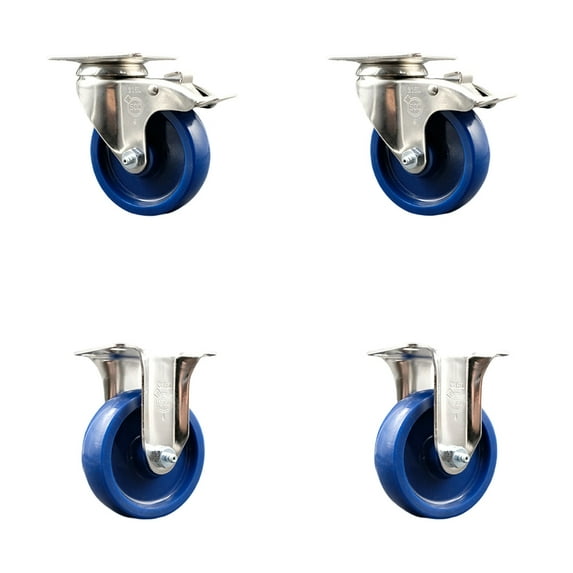 4 Inch 316SS Solid Polyurethane Swivel Top Plate Caster Set 2 Lock Brake 2 Rigid