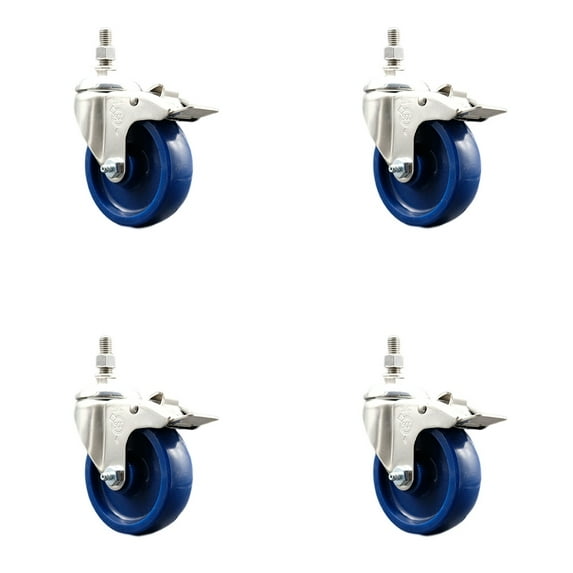 4 Inch 316SS Solid Polyurethane Wheel Swivel ½ Inch Stem Caster Set Lock Brake