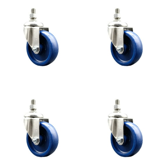 4 Inch 316SS Solid Polyurethane Wheel Swivel ½ Inch Threaded Stem Caster Set SCC
