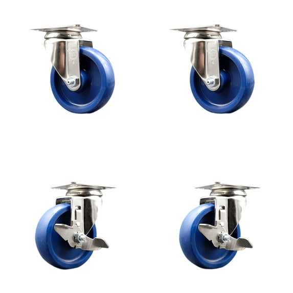 4 Inch 316SS Solid Polyurethane Wheel Swivel Top Plate Caster Set 2 Brakes SCC