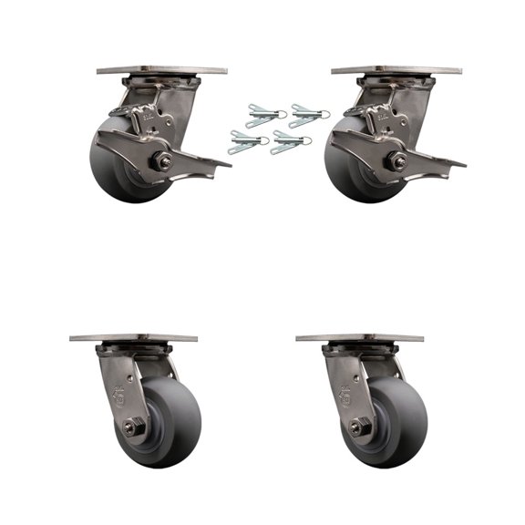 4 Inch 316SS Thermo Donut Tread Caster Set w/Delrin Bearings 4 Swvl Lock 2 Brake