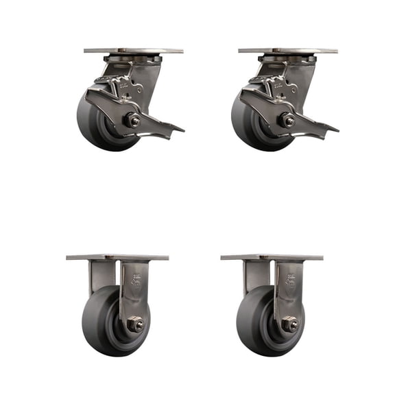 4 Inch 316SS Thermo Flat Tread Caster Set w/Roller Bearings 2 Brakes 2 Rigid SCC