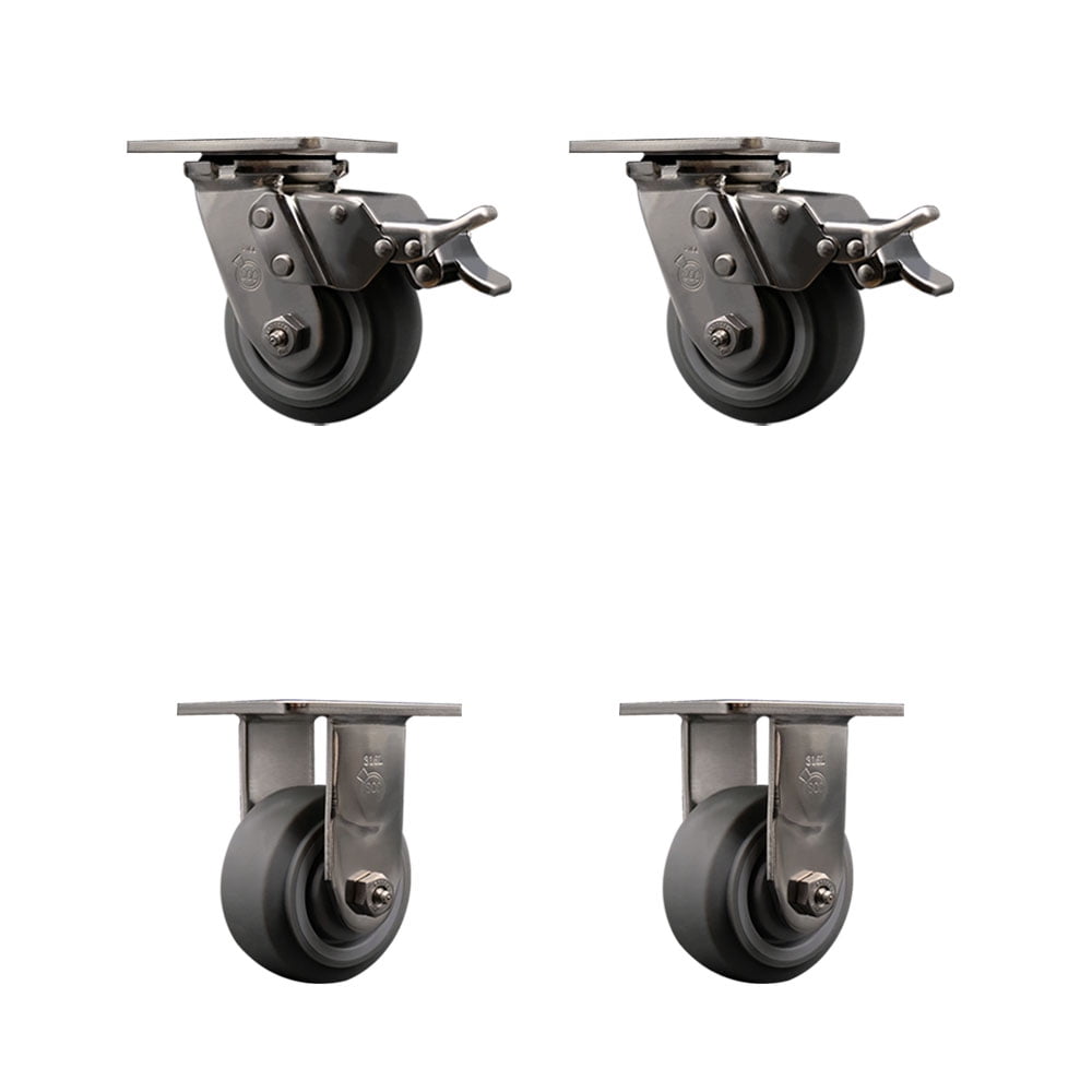 4 Inch 316SS Thermo Flat Tread Caster Set with Delrin Bearings 2 Brakes ...