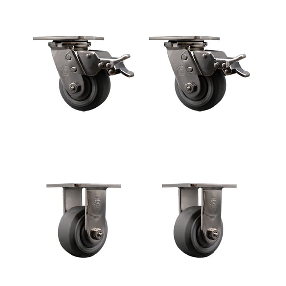 4 Inch 316SS Thermo Flat Tread Caster Set with Roller Bearings 2 Brakes 2 Rigid