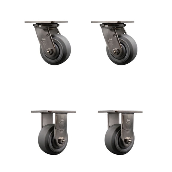 4 Inch 316SS Thermo Rubber Flat Tread Caster Set w/Ball Bearings 2 Swvl 2 Rigid