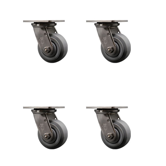 4 Inch 316SS Thermo Rubber Flat Tread Wheel Swivel Caster Set w/Roller Bearing