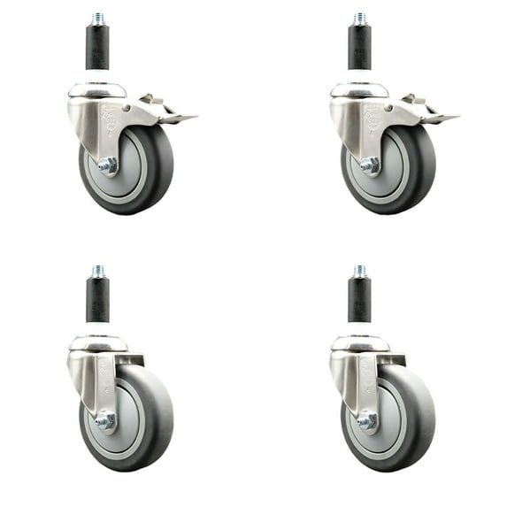 4 Inch 316SS Thermoplastic Rubber Swivel 1-1/8 Inch Stem Caster Set 2 Lock Brake