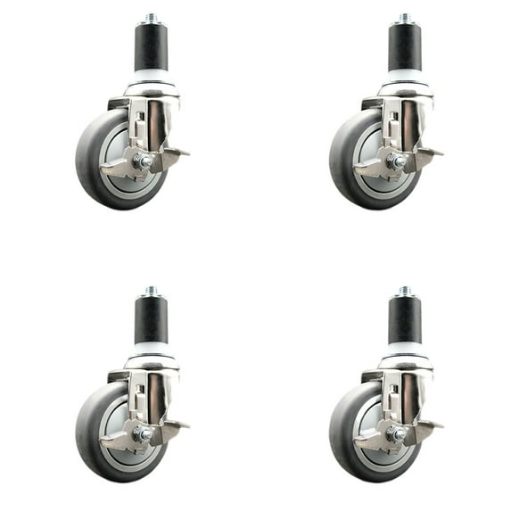 4 Inch 316SS Thermoplastic Rubber Swivel 1-5/8 Inch Stem Caster Set Brake SCC