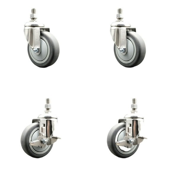 4 Inch 316SS Thermoplastic Rubber Swivel ½ Inch Threaded Stem Caster Set 2 Brake