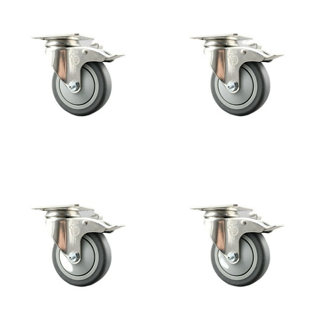 4 Inch 316SS Thermoplastic Rubber Swivel Top Plate Caster Set Total Lock Brake