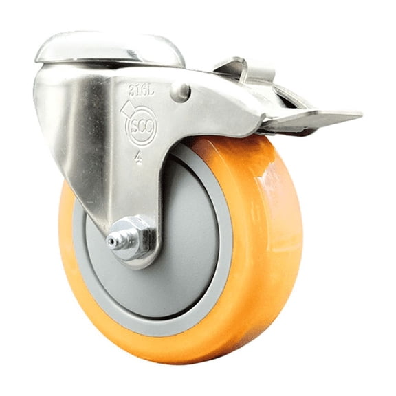 4 Inch 316SS Yellow Polyurethane Swivel Bolt Hole Caster with Total Lock Brake