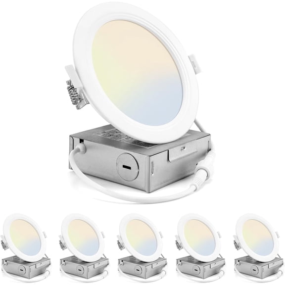 4 Inch 5CCT LED Recessed Ceiling Light with Junction Box, Triac(Phase-Cut) Dimmable, 800LM 8W 120V, Dimmable Canless Wafer Downlight, ETL&FCC (6 Pack)