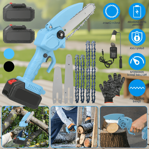 4-Inch & 6-Inch Mini Cordless Chainsaw Kit with 2 , 4 Chains & Storage Box, Blue