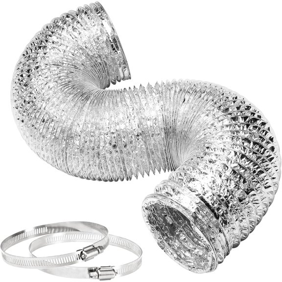4 Inch 8 Feet Ducting, Non-insulated Flex Air Aluminum Ducting Hose, Drying and Exhaust for HVAC Ventilation, 2 Clamps Included, Silver