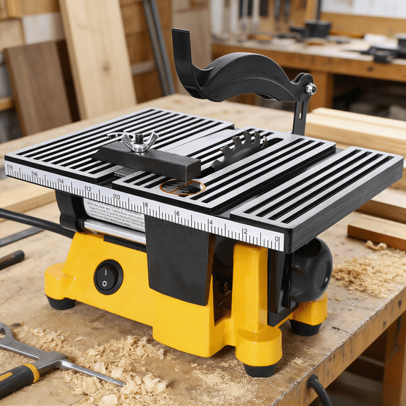 4 Inch 90W Mini Table Saw Multifunctional Cut Off Miter Saw with 3 Blades 4500 RPM for Precision Cutting Metal Wood Plastic Model Making DIY Crafts Home Workshop Projects