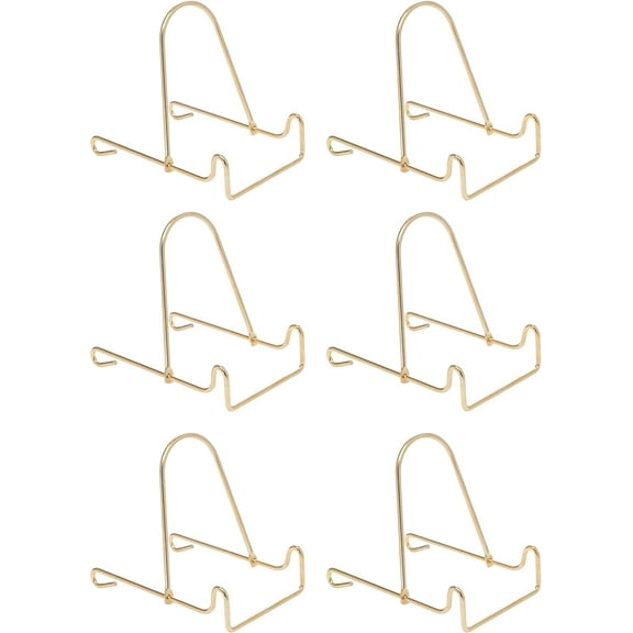 4 Inch Adjustable Wire Stands - Brass Finish Display Holder for Picture Frames, Decorative Plates, and Small Collectibles | 6 Pack