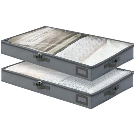 4-Inch Under Bed Storage Containers (2-Pack) | Sturdy Sidewalls | Clear Cover & Label Holder | Foldable Fabric Closet Bin Organizer | Stores Clothing/Blankets/Sweaters/Sheets