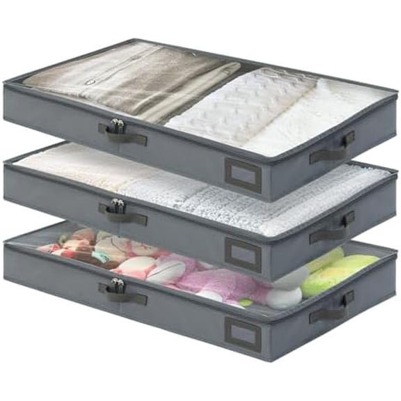4-Inch Under Bed Storage Containers (3-Pack) | Sturdy Sidewalls | Clear Cover & Label Holder | Underbed Organizer for Crib/Couch | Stores Clothing/Blankets/Wrapping Paper/Toys