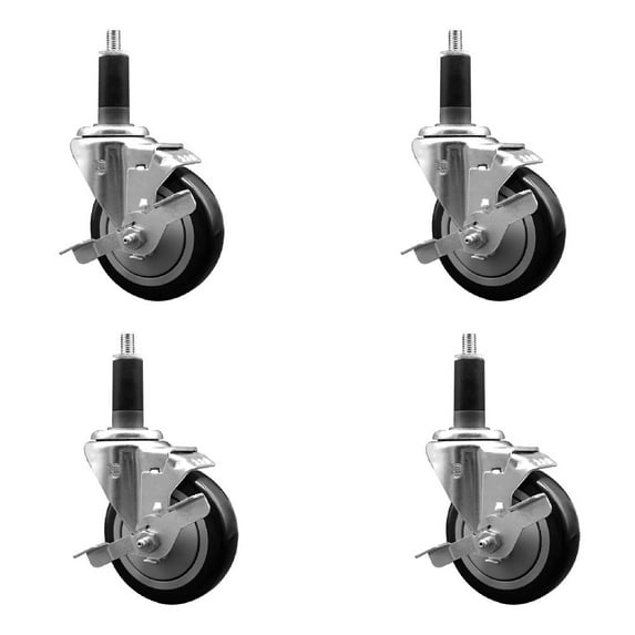 4 Inch Black Poly Swivel 1-1/8 Inch Expanding Stem Caster Set with Brake SCC