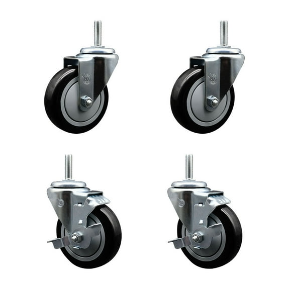 4 Inch Black Poly Wheel Swivel 3/4 Inch Threaded Stem Caster Set 2 Brakes
