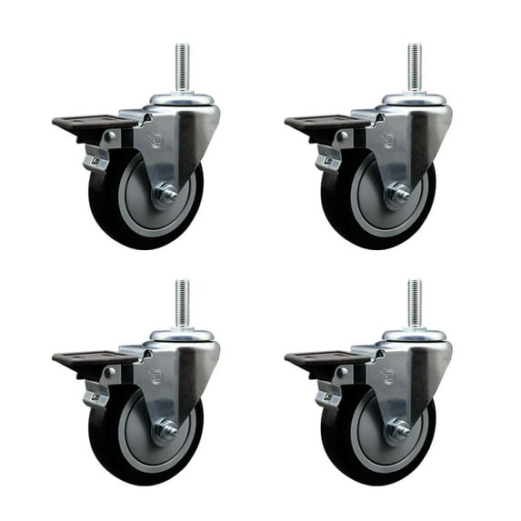 4 Inch Black Poly Wheel Swivel 3/4 Inch Threaded Stem Caster Set with Brake
