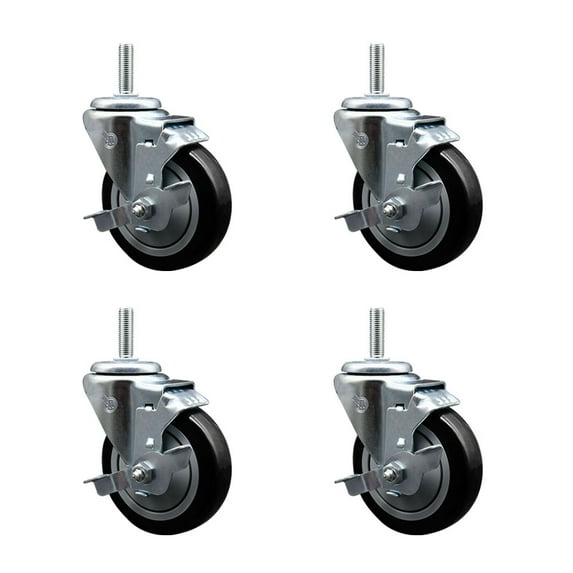 4 Inch Black Poly Wheel Swivel 3/4 Inch Threaded Stem Caster Set with Brake