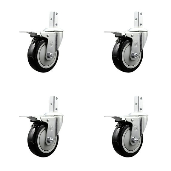 4 Inch Black Poly Wheel Swivel 7/8 Inch Square Stem Caster Set Total Lock Brake