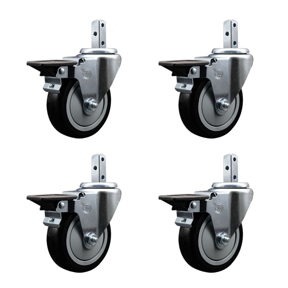 Square Whee 4 Inch Black Poly Wheel Swivel 7/8 Inch Square Stem Caster Set with ...