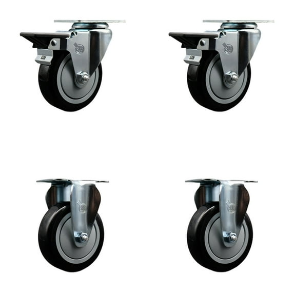 4 Inch Black Poly Wheel Swivel Top Plate Caster Set with 2 Posi Brakes 2 Rigid