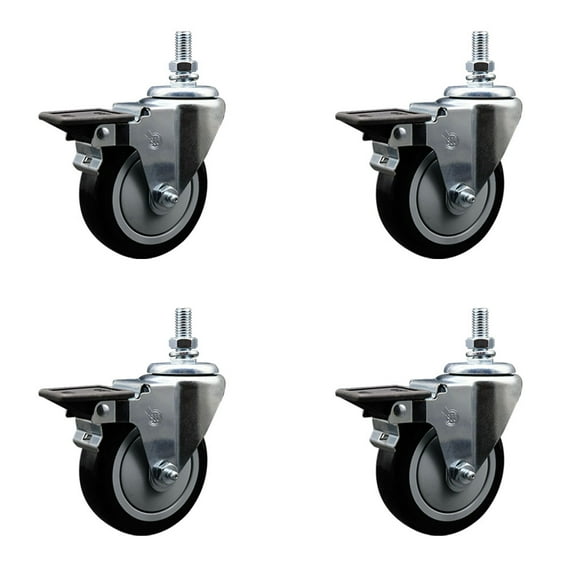4 Inch Black Polyurethane 10MM Threaded Stem Caster Set with Brake