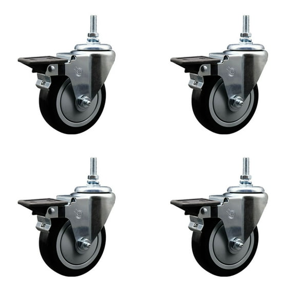 4 Inch Black Polyurethane 12MM Threaded Stem Caster Set with Brake