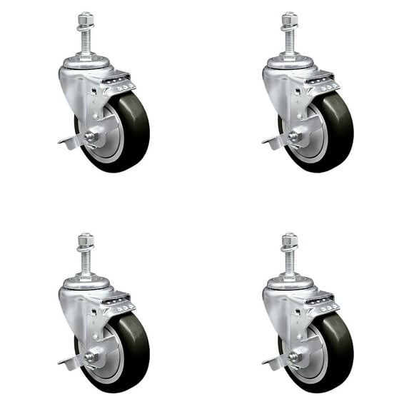 4 Inch Black Polyurethane Swivel 3/8 Inch Threaded Stem Caster Set with Brake