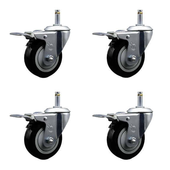 4 Inch Black Polyurethane Swivel 7/16 Inch Stem Caster Set with Total Lock Brake